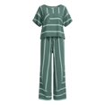 thumbnail image 7 of Women's Striped Two Piece Set, Crew Neck Top with Pocket and Drawstring Waist Wide Leg Pants, Cotton Linen Loungewear Set, Summer Casual Outfits for Women-Light Green, 7 of 7