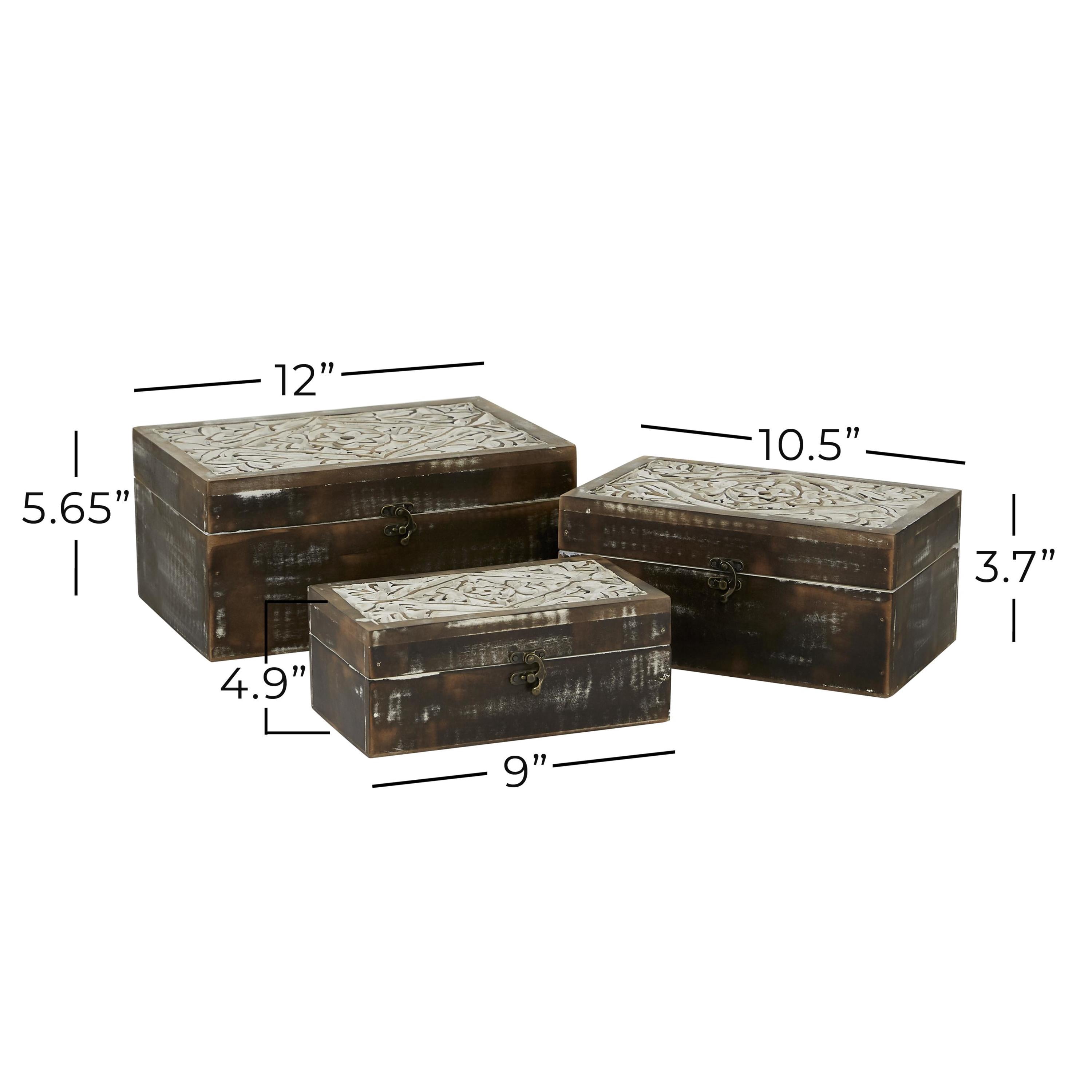 DecMode Floral Handmade Brown Wood Decorative Box with Hinged Lid, 3 Count