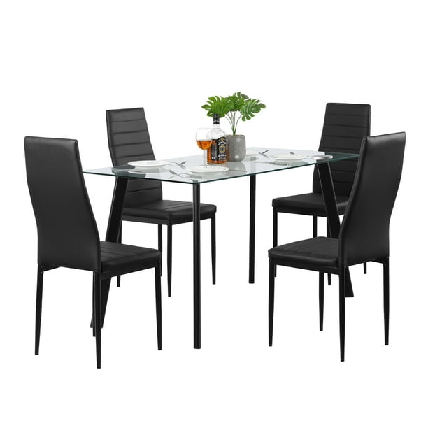 5 Piece Dining Table Set With 4 Pu Chairs Glass Desktop Metal Leg Kitchen And Leather Modern Room Sets Furniture Com 5 Piece Dining Table Set With 4 Pu, Are Glass Dining Tables Practical