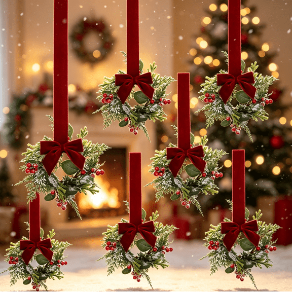 6-Pack Mini Christmas Wreaths, 11.8 Inch Artificial Pine and Red Berry Decor for Kitchen Cabinets and Chairs