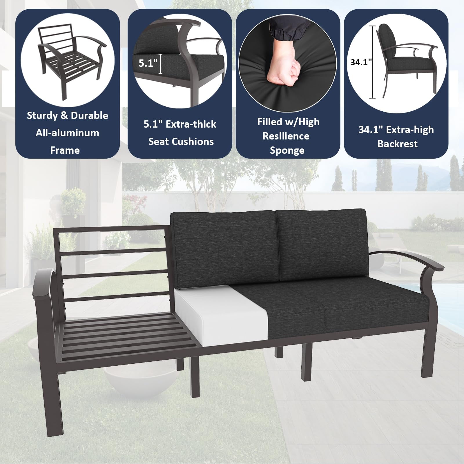 ALAULM Aluminum 5-seat Patio Sectional Sofas with Propane Fire Pit Table, Metal Outdoor Furniture for Porch, Backyard, Poolside-Black