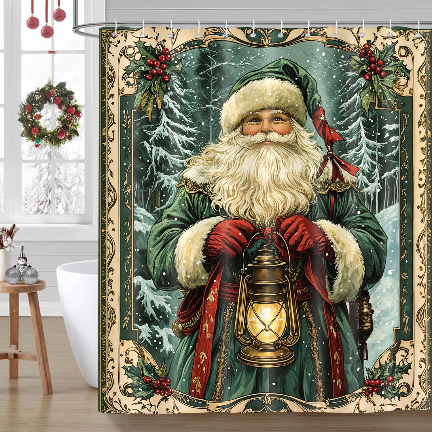 Vintage Christmas Shower Curtain, Funny Green Santa Claus Snow Forest Xmas Tree Pine Leaves Shower Curtain Set for Bathroom, Retro Victorian Santa Shower Curtains with Hooks, 72X72in