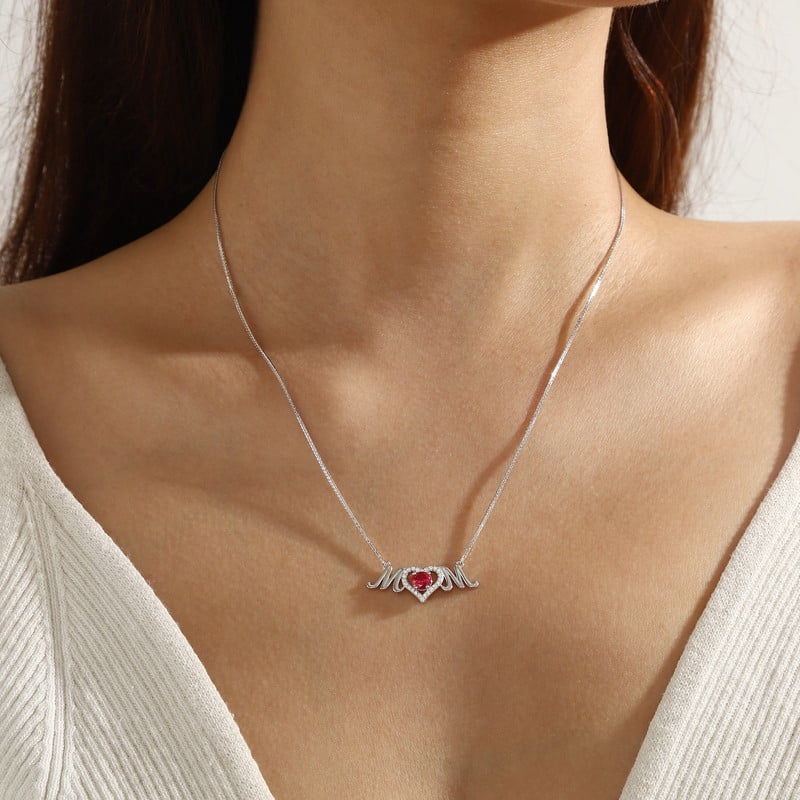Beautlace Mom Pendant Necklace 925 Sterling Silver Love Heart July Ruby Birthstone Necklace Mother's Day Birthday Jewelry Gifts for Mom Women Grandma
