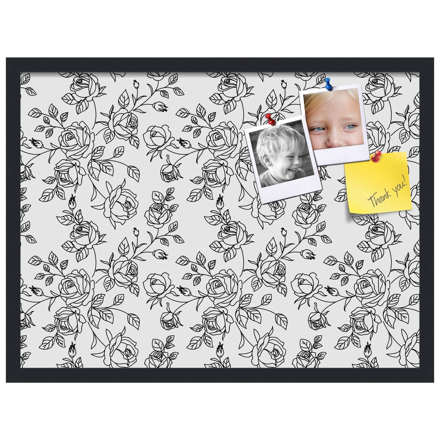 PinPix 27x20 Custom Cork Bulletin Board Black Floral Rose Poster Board Has a Fabric Style Canvas Finish, Framed in Black Floral Rose, by ArtToFrames (PinPix-164)