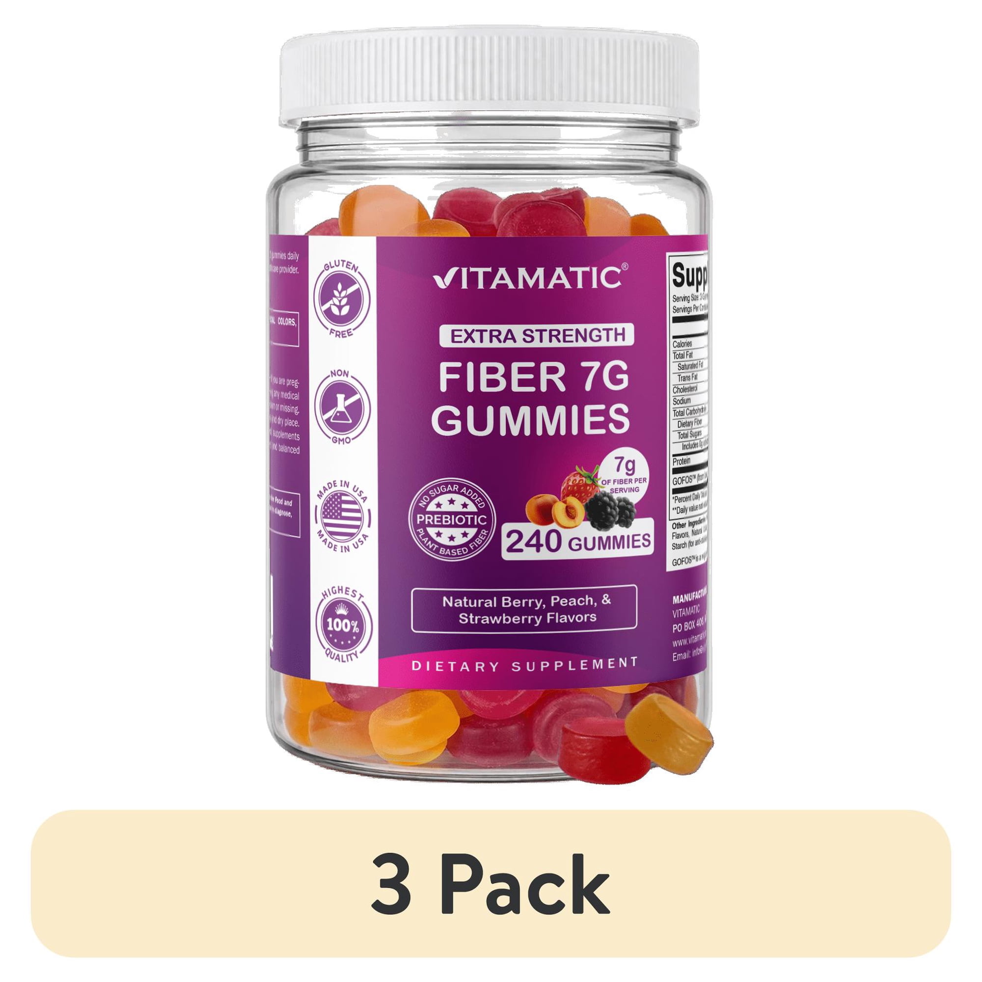 (3 pack) Vitamatic Prebiotic Fiber Gummies for Adults, 7G Extra Strength, Zero Sugar Added, 240 Pectin Based Gummies, Digestive Health & Regularity Support