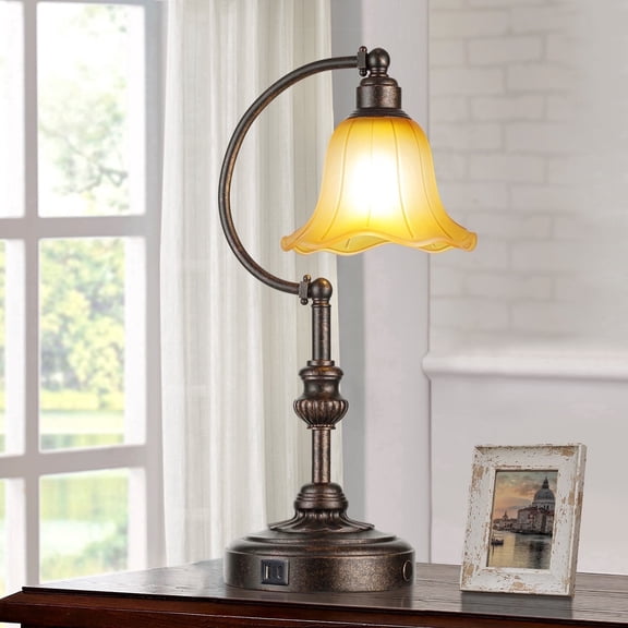 RORIA 20"Farmhouse Port Touch Table Lamps, USB A C Charging,3-Stage Dimmable Bedside Lamp, Amber Vintage Glass Lampshade for Living Room Bedroom Nightstand