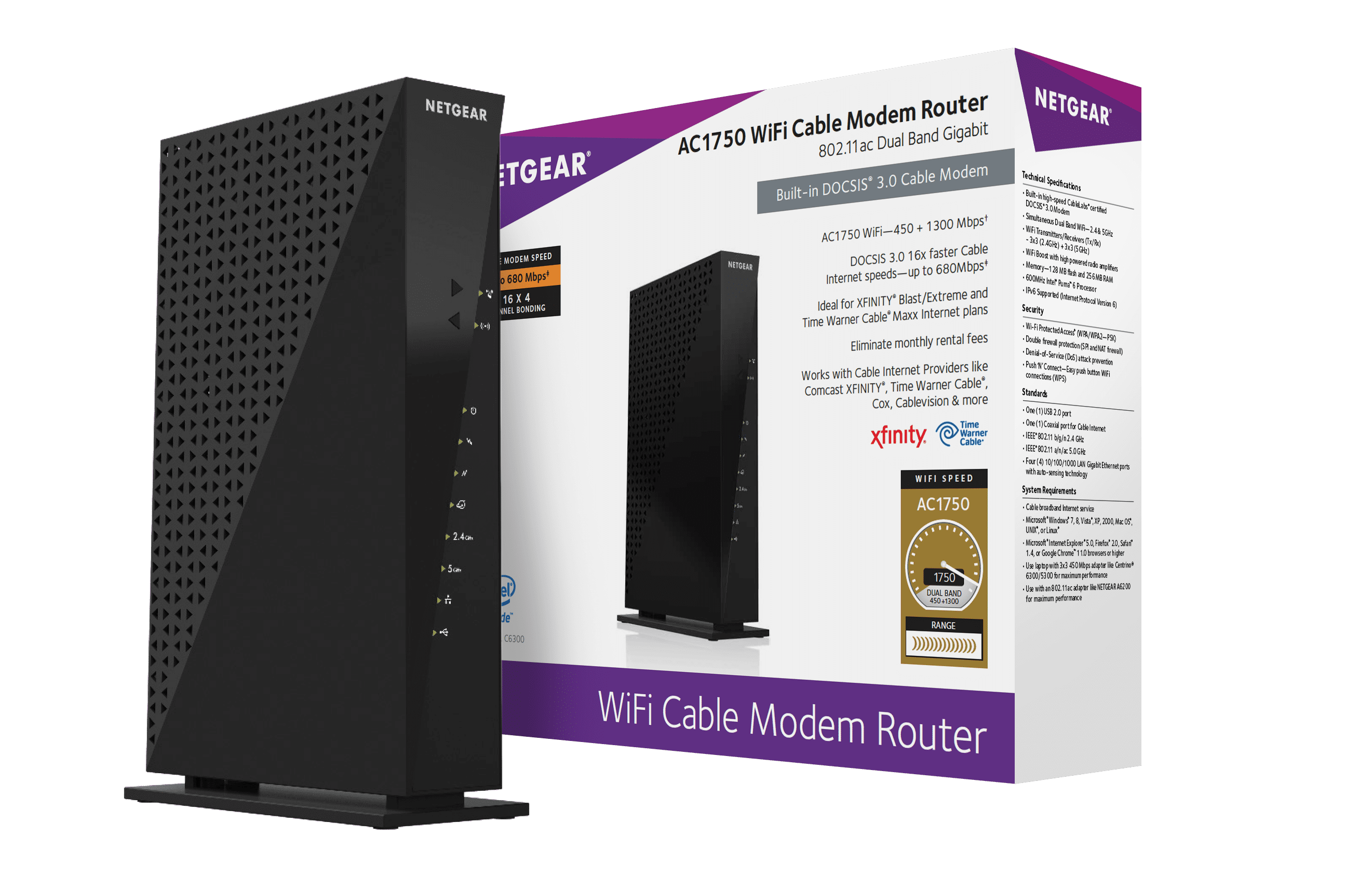 NETGEAR - AC1750 DOCSIS 3.0 Cable Modem + WiFi Router | Certified for Xfinity by Comcast, Spectrum, Cox & more, 1.75Gbps (C6300)