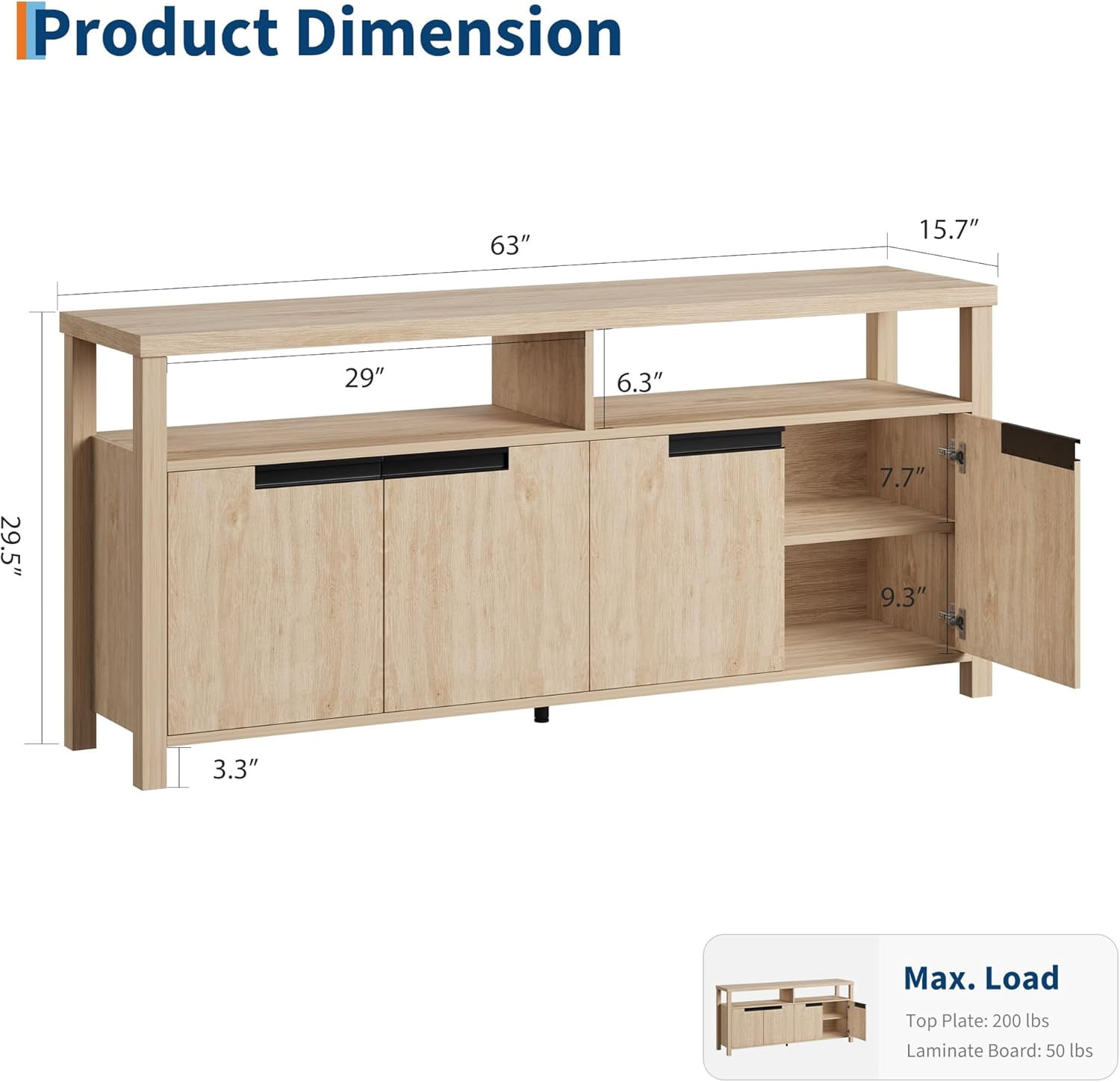 Garvee Boho TV Stand for TVs up to 70 Inch, 63" Rustic Entertainment Center with 4 Doors & Open Shelf, Adjustable Storage for Living Room, Bedroom, Natural