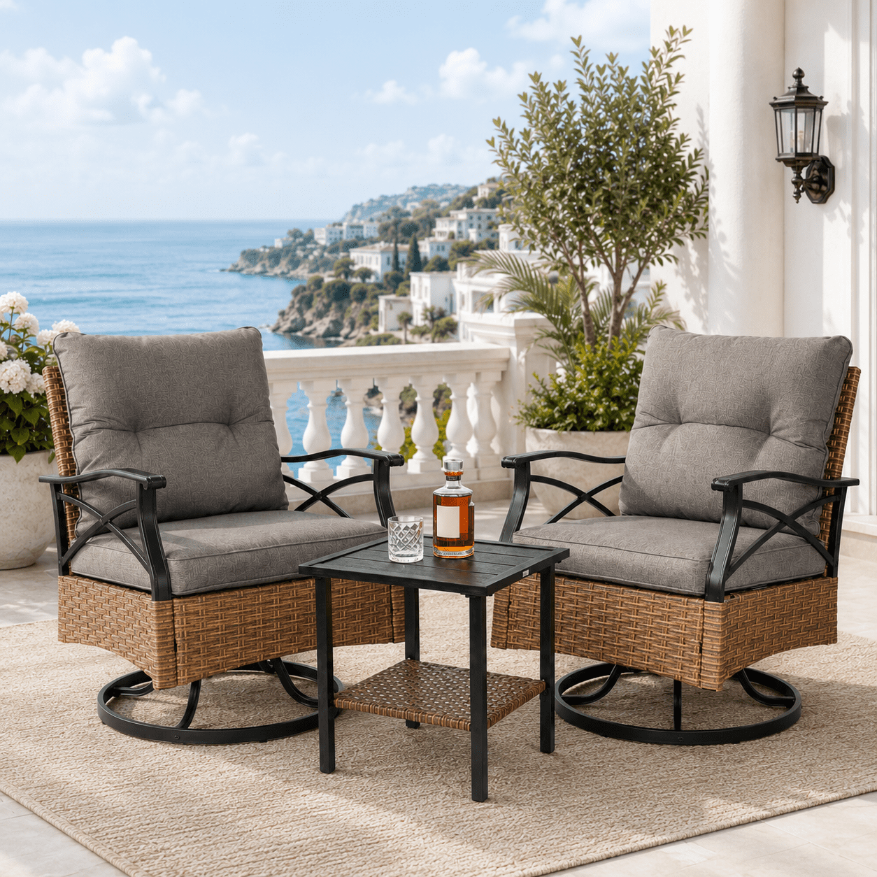 3 Pcs Patio Furniture Set Clearance, Outdoor Chair Set of 2 with 2-Tier Table, Front Porch Rattan Wicker Bistro Set Cushioned, Heavy-duty Steel 360°Swivel Balcony Conversation Set