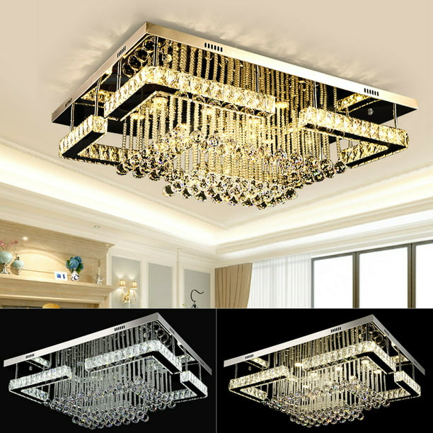 Oukaning Modern Crystal Chandelier K9 Dimmable Lighting Pendant Luxury Rectangular Remote Control Fixtures Com - Luxurious Crystal Ceiling Light Chandelier Silver