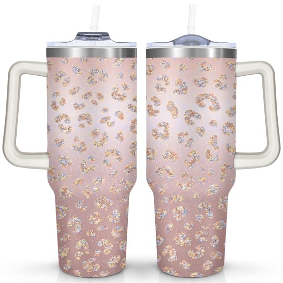 Pink Leopard Print Gradient 40 Oz Tumbler with Handle Lid and Straw, Stainless Steel Double Walled Vacuum Insulated Cup, Cute Birthday Gifts Tumbler for Women Men Friends
