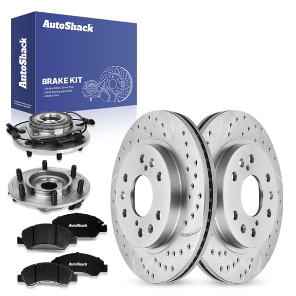AutoShack Front Drilled & Slotted Brake Rotors Premium Ceramic Brake Pads Wheel Bearing Hub Assembly | Replacement for 2007-2013 GMC Sierra 1500 | Zinc Coated | 8-PC Brake Kit | SilverShield Pro