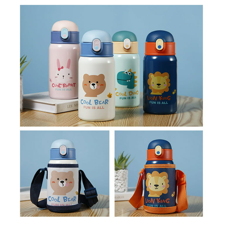 Baby Vacuum Flask with Cup Holder Silicone Straw Water Bottle Bounce Lid  304 Stainless Steel Cartoon Pattern 
