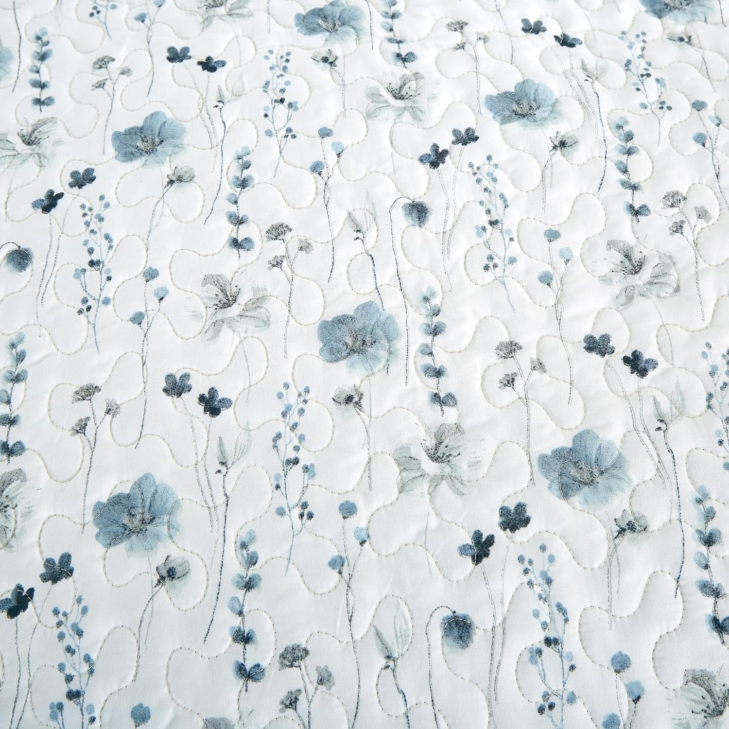 Chezmoi Collection Fran 3-Piece Floral Quilt Set Queen, Blue White Poppy Floral Printed Microfiber Lightweight Bedspread Set for All season