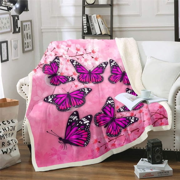 Purple Butterfly Blanket Throw Pink Floral Sherpa Blanket Spring Cherry Blossom Fleece Blanket For Kids Girls Women Fairy Fantasy Garden Theme Fuzzy Blanket Bedroom Sofa Decor Twin 60"x80"