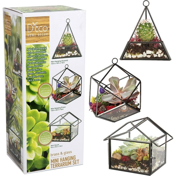 D'Eco Glass Geometric Plant Terrarium 3Pk - Hanging Brass Triangle, House & Prism Planters - Succulents, Air Plants, Moss - Home, Wedding & Office Decor- Gift Idea for Plant Lovers