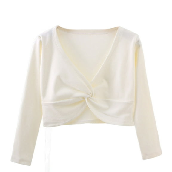 hoksml Girls Long Sleeve Twist Front Crop Top V Neck Casual Pullover for Dance and Everyday Wear
