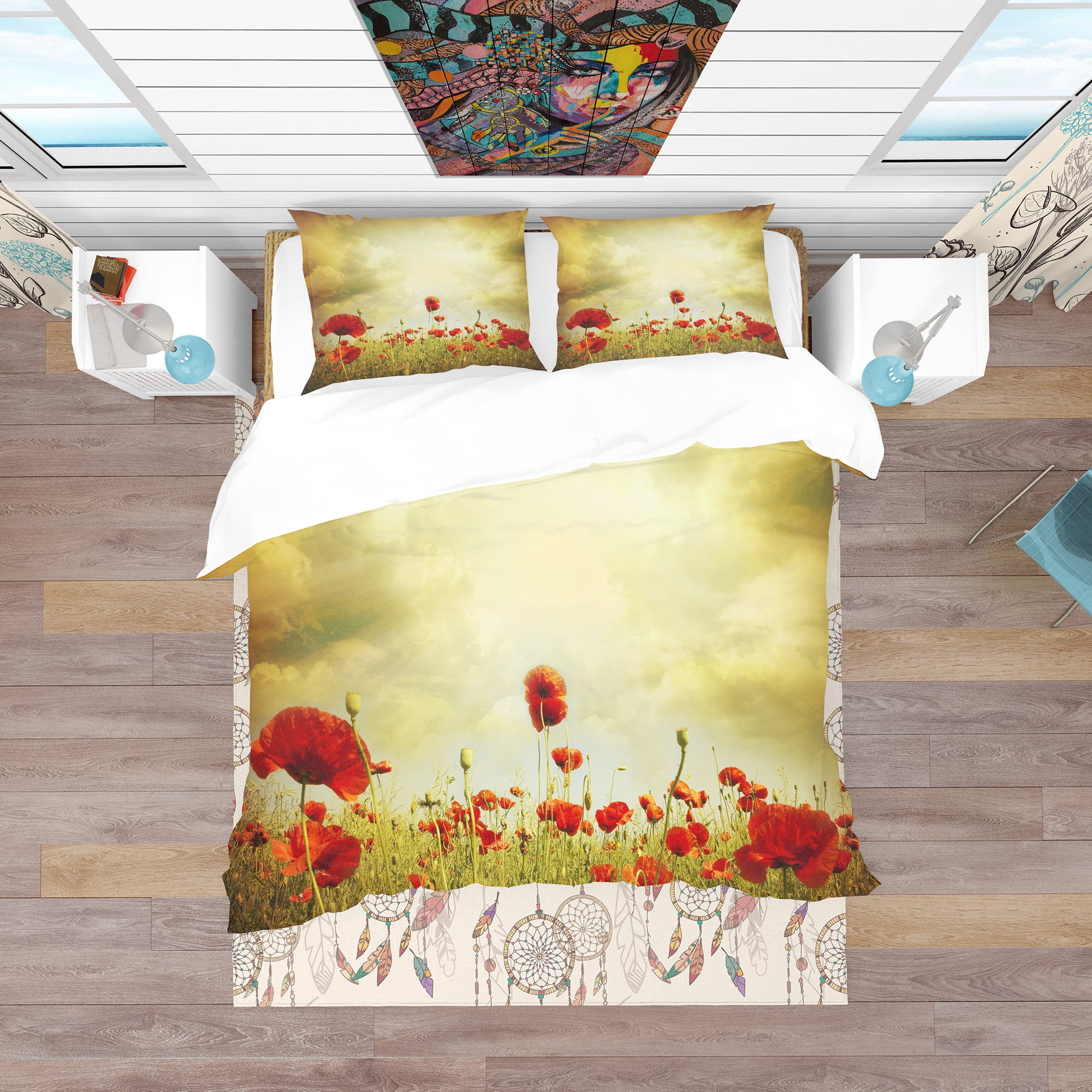 Designart 'Red Poppies on Grunge Background' Vintage Duvet Cover Set