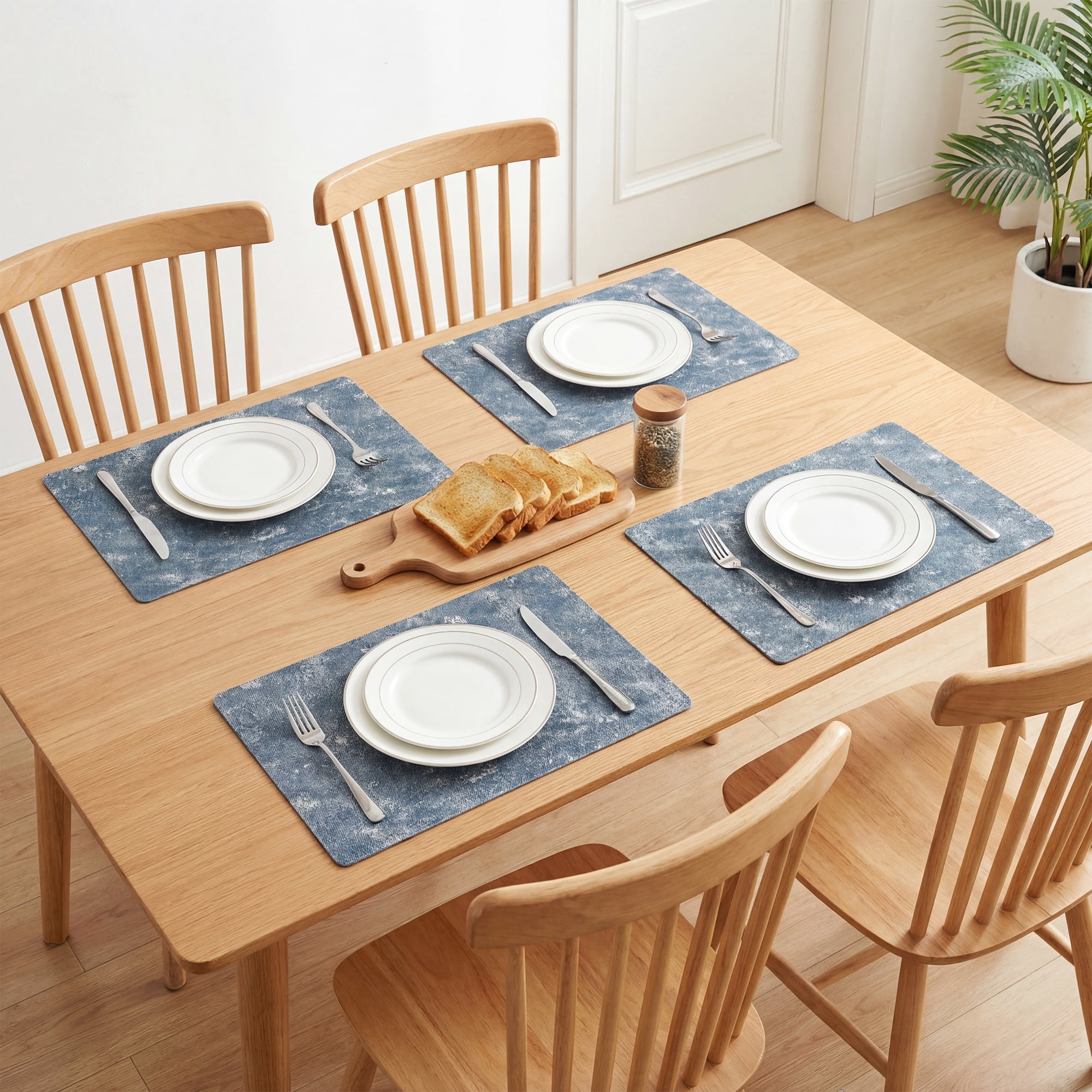 REGALWOVEN Rectangle Placemats Set of 6 Vinyl Placemats for Table Decor Washable Heat Resistant Table Placemats Wipeable Table Mat Dark Blue 17.7x11.8inch