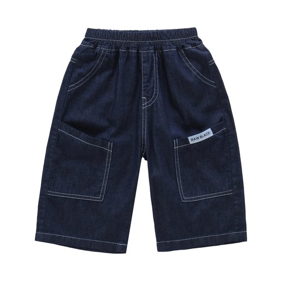 Ticikt Boys' Cotton Denim Cargo Capri Shorts, Elastic Waist Multi-Pocket Summer Pants,Dark Blue,7-8 Years