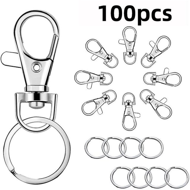 Lote de 100 ganchos giratorios de aleación (50 hebillas plateadas para perro + 50 aros planos para llave) para llaveros, accesorios de joyería, bolsos, llaves y manualidades.