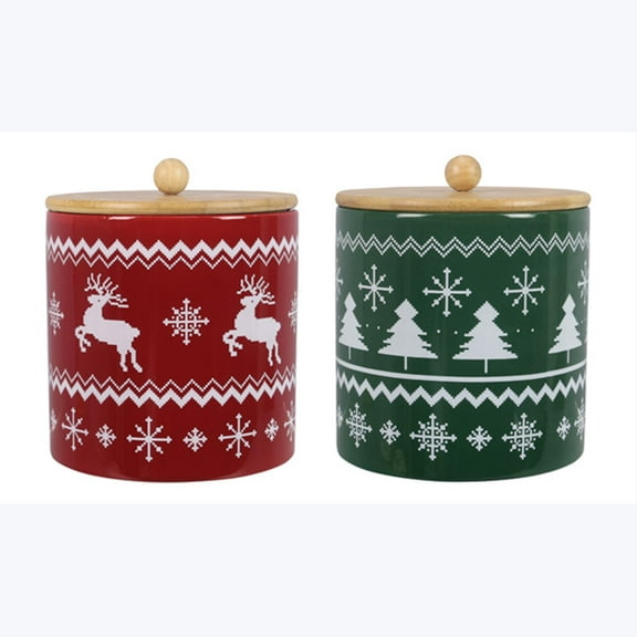 Young's Inc Ceramic Christmas Cookie & Goodie Jar with Airtight Wooden Lid,Set of 2 – Festive Red & Green Holiday Treat Storage for Cookies, Candy, Snacks, and Winter Kitchen Decor,7 Inch