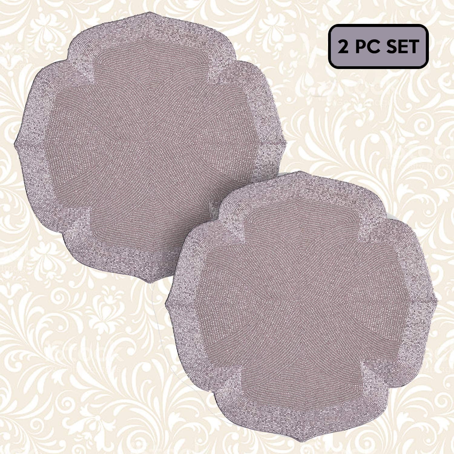 Decozen Set of 2 Embroidered Beaded Placemats with Satin Back Silver