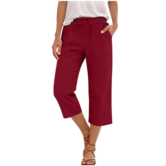 cocolona Womens Casual Capri Pants Summer Elastic Waist Straight Wide Leg Cropped Trousers with Pocket
