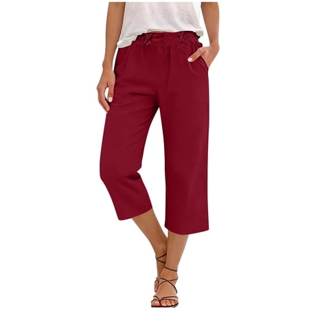 AHTJRT Women s Cotton Capris Straight Wide Leg Crop Pants with Pockets Elastic Waist Soft Comfy Summer Beach Vacation Holiday Lounge Pants Red M AHTJRT Women s Cotton Capris Straight Wide Leg Crop Pants with Pockets Elastic Waist Soft Comfy Summer Beach Vacation Holiday Lounge Pants Red M