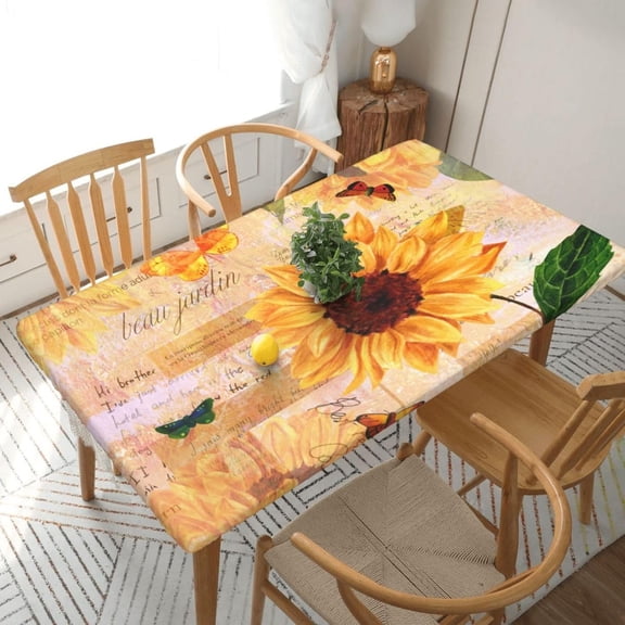 Blue Yellow and Navy Chrysanthemum Flowers Tablecloth with Elastic Edge for 5ft Rectangle Table Cloth Washable Table Cover for Kitchen Dining Party Outdoor Picnic Decoration, 60" L X 30" W