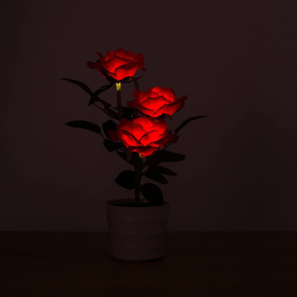 Red Red Solar Flower Pot LED Light Rose Flower Table Lamp 3 Lights Flower LED Flexible Flower Desk Lamp for Home Garden Room Decoration