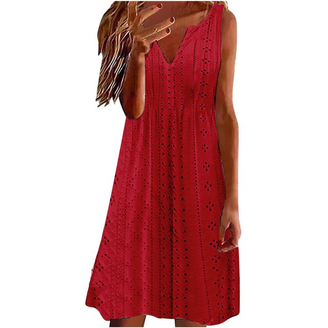 asddcavvf Robes pour Femmes Mode Féminine Robe Jacquard Évasée Col en V Sans Manches Couleur Unie