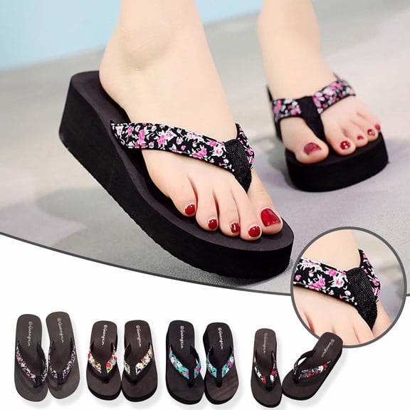 Jacenvly 2024 New Women's Summer Floral Flip-Flops Wedge Heel Flip Flops Beach Shoes Black Sandals for Women