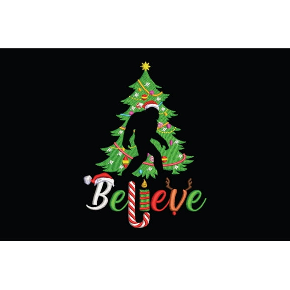 Believe Bigfoot Christmas Tree Embroidery Design, Believe Xmas Embroidery Design, Christmas Believe Machine Embroidery Design