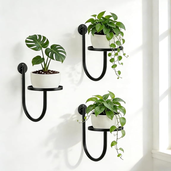 Wall Planters for Indoor Plants 3 Pack, Black Metal Wall Mounted Plant Holder Set, Space Saving Floating Shelves for Bedroom, Living Room, Kitchen, Office, Bathroom Decor