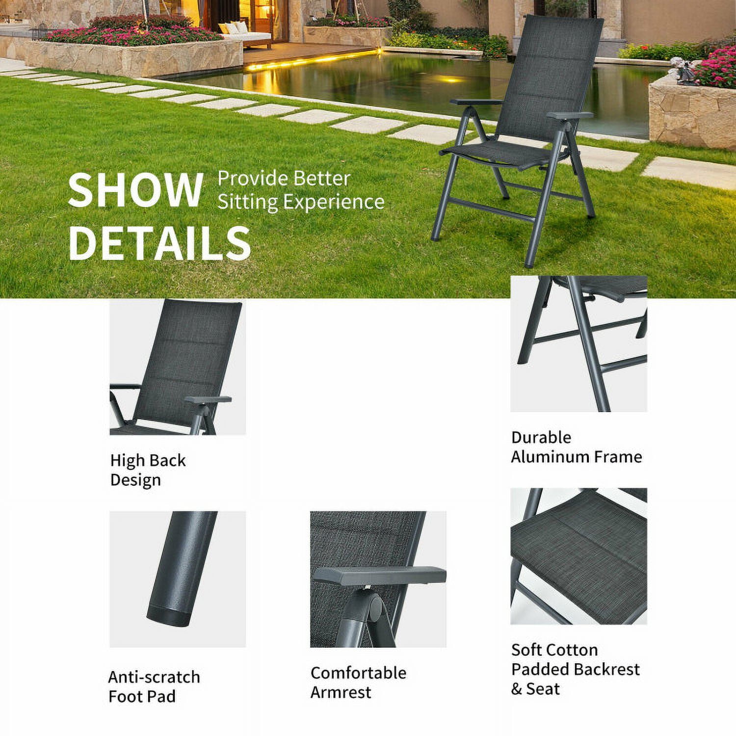 Aimee Lii 2 Pieces Patio Folding Dining Chairs with Aluminum Padded Adjustable, Outdoor Patio Set, Gray Aimee Lii 2 Pieces Patio Folding Dining Chairs with Aluminum Padded Adjustable, Outdoor Patio Set, Gray