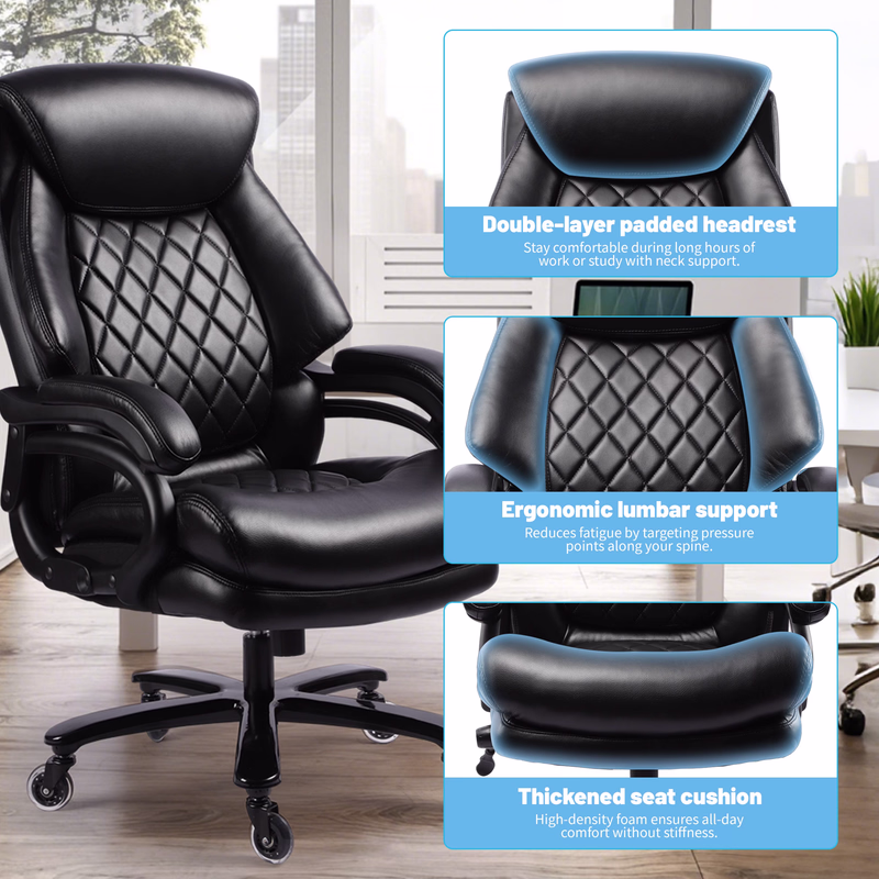 Qusaphy 800LBS Big and Tall Executive Office Chair, PU Leather Ergonomic Desk Chair with Adjustable Backrest and Thick Padded Cushion, Heavy Duty Chair for Home or Office Black