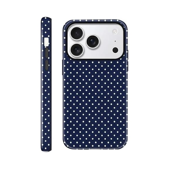 Case for iPhone 17 Pro Max, Glossy Hybrid 2-Layer Hard Shell, Aesthetic Scratch Resistant Cover, Navy Blue Polka Dot