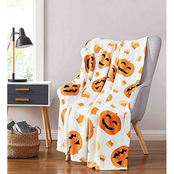 Serafina Home Halloween Throw Blanket: Plush Soft Velour with Smiling Jack O Lantern Pumpkins with Candy Corns