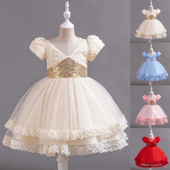 THDHVS Flower Girl Dresses for Wedding,Sequin Mesh Train Princess Dress Tulle Tutu Gown Short Sleeve Design for Girls Party Formal Occasion,Girls Dresses Blue 8-9 Years