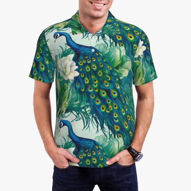 Balery Peacock And Flowers Camisa Polo de Hombre con Estampado, de Manga Corta y Tejido Medio, Camisa Tipo Golf Polo-Large