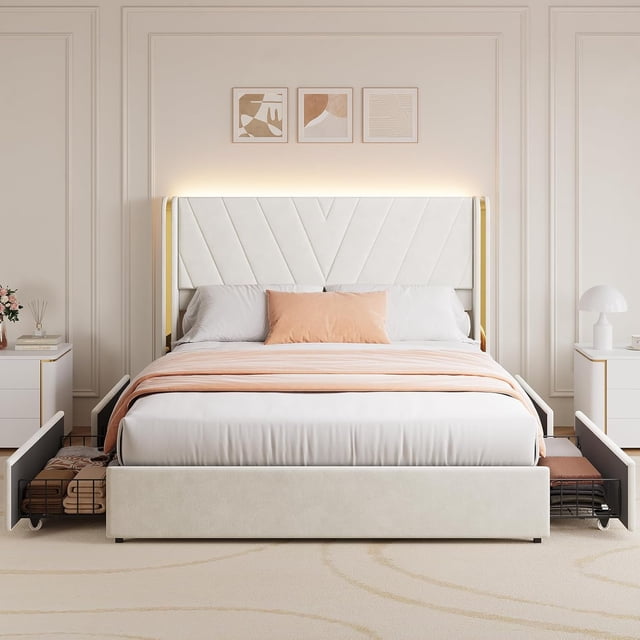 Bingirl Full Upholstered LED Bed Frame with 4 Storage Drawers, Full Size Bed Frame with RGB LED Lights, Velvet Platform Bed Frame