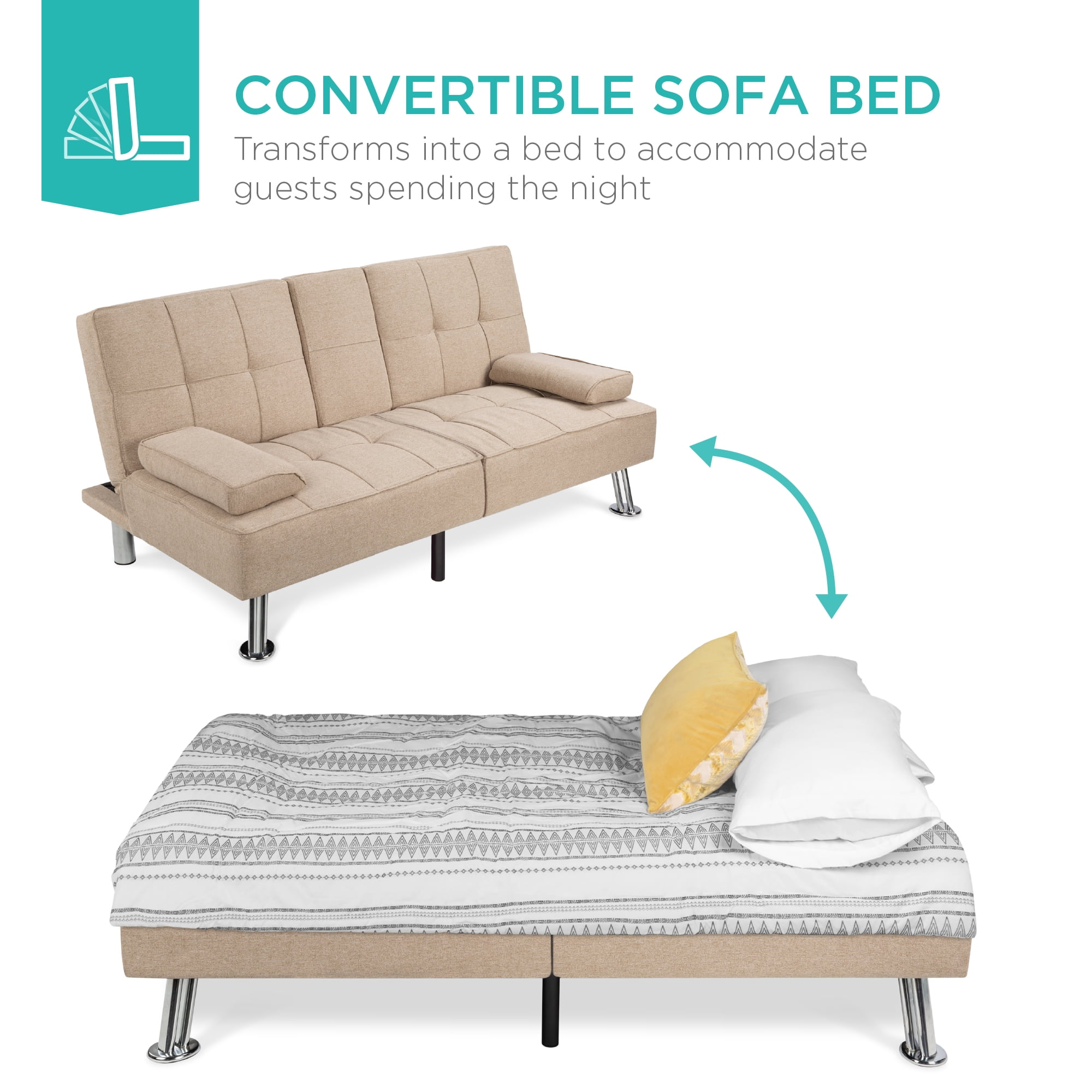 Best Choice Products Modern Linen Convertible Futon Sofa Bed w/ Removable Armrests, Metal Legs, Cupholders - Beige