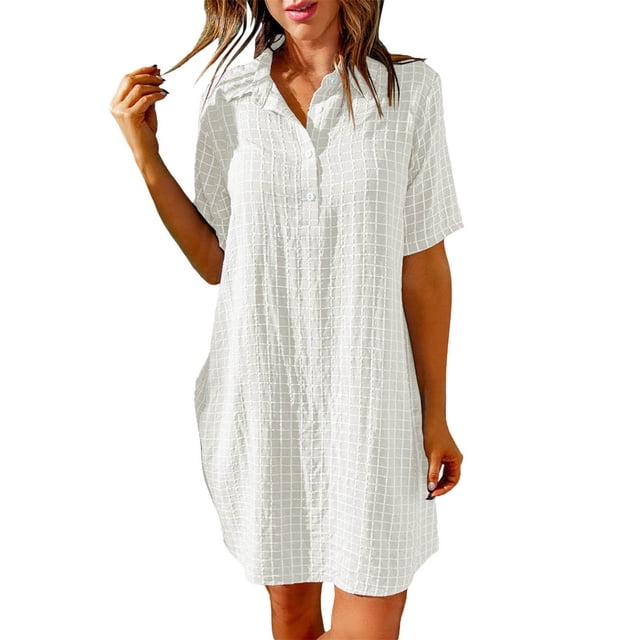 B91xZ Robes de Printemps Été pour Femmes à Encolure Carrée, Manches Courtes, Longueur Genou, Fluides, Évasées, Froncées, Mini Robes, Robe d'Été, Blanc TTG