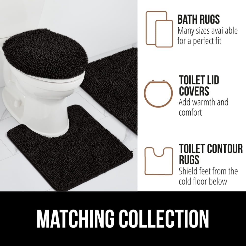 GORILLA GRIP Chenille Bath Rug 24x16, Rubber Backing Quick Dry Washable Microfiber Mats, Black