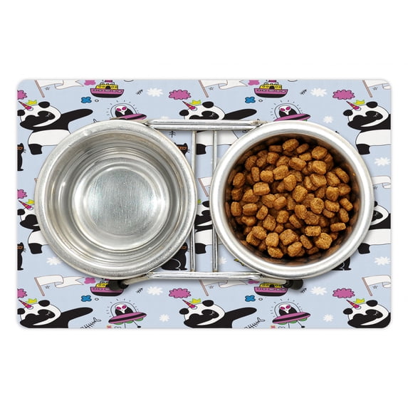 Alien Pet Mat for Food and Water, Doodle Style Stars and Animals Humorous Funky Childish Composition, Non-Slip Rubber Mat for Dogs and Cats, 18" X 12", by Ambesonne