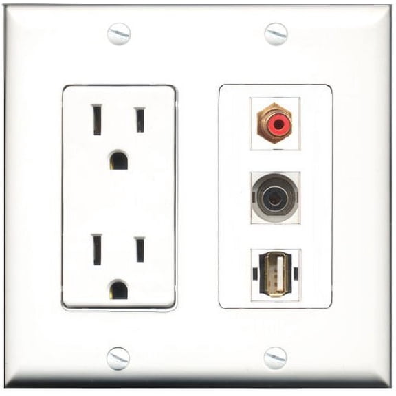RiteAV - 15 Amp Power Outlet 1 Port RCA Red 1 Port USB A-A 1 Port 3.5mm Decorative Wall Plate