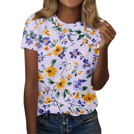 Plus Size Tops For Women  Short Sleeve T Shirts Round Neck Cute Tunic Tops Basic Tees Blouses Loose Fit Pullover Tops Sexy Women Tops Woman Built In Bra Tank Tops Corset (S  Light Purple) ZMTing