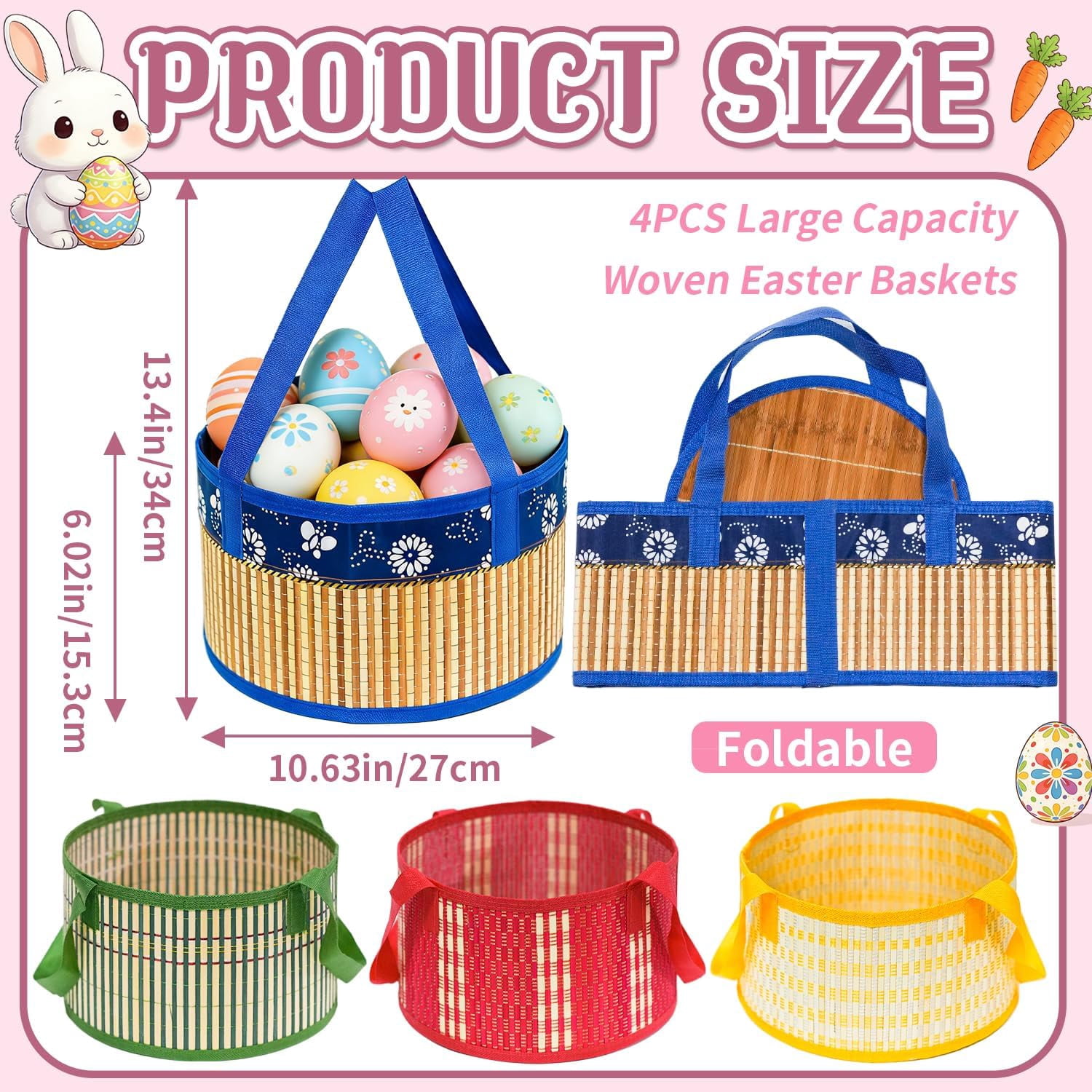 4 Pcs Easter Basket Bulk Set with Handle, Foldable Woven Bamboo Baskets Empty, Large Easter Baskets for Easter Egg Hunt Party Favor for Picnic, Gift Packing