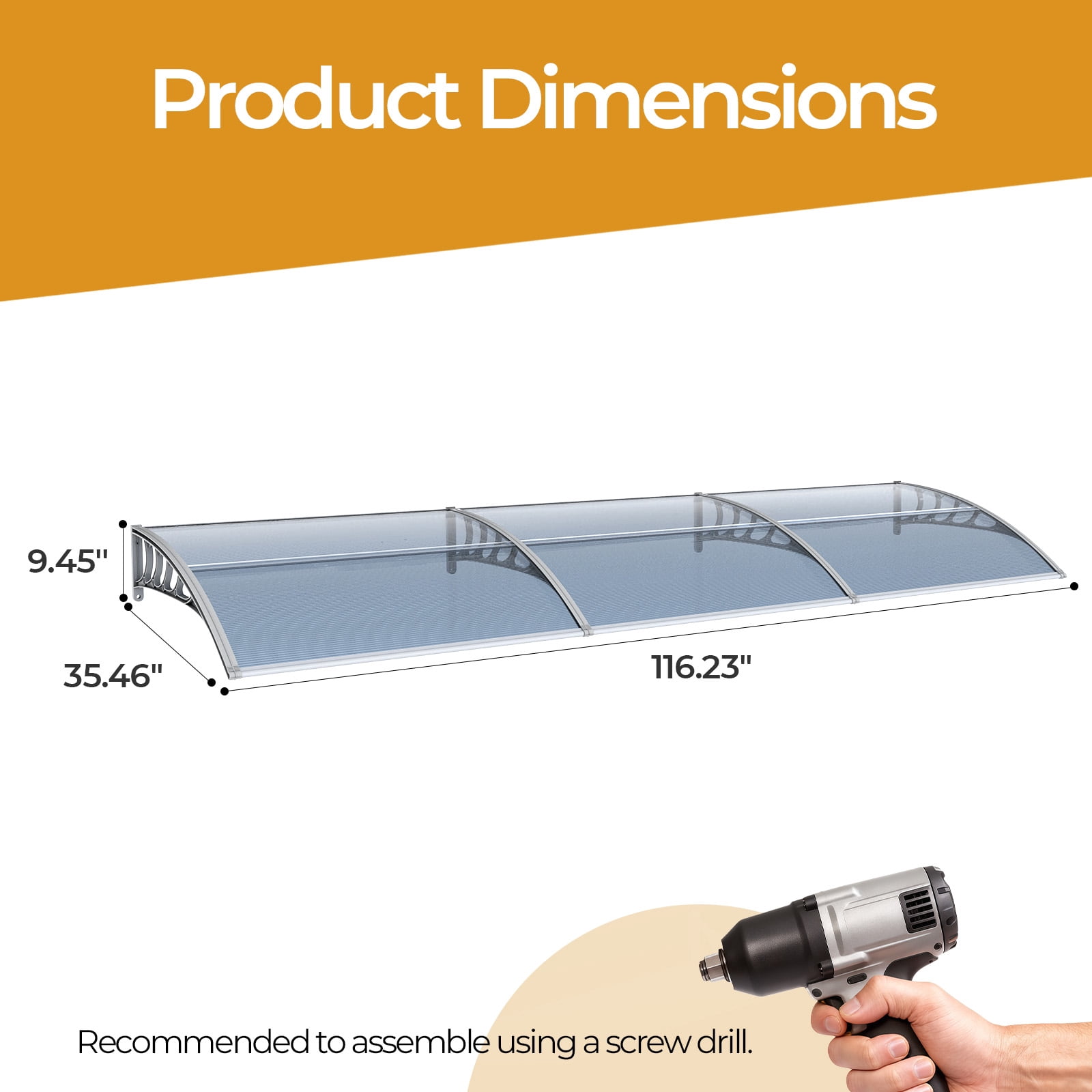 38×120 Inch Clear Polycarbonate Door Window Awning, Rust-Proof PP Bracket & Aluminum Bar Outdoor Rain Snow UV Protection Canopy for Entryway Patio AC Unit